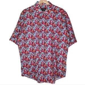 Bugatchi Cerise Red Floral Classic Fit Short Sleeve Button-Down Shirt Sz L